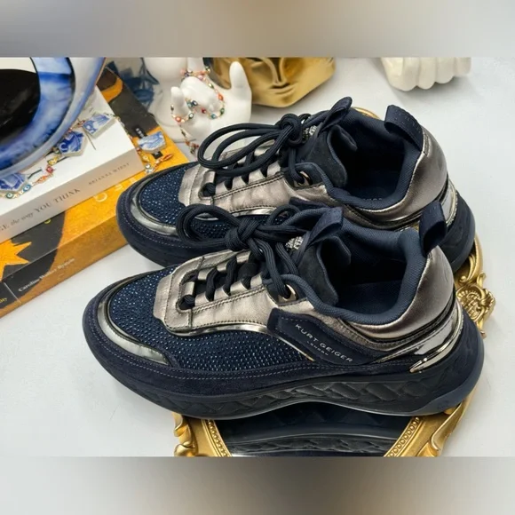 🆕 KURT GEIGER LONDON 🧿 NWOB Kensington Sneaker, Dark Blue Strass, Sz 37 - Picture 13 of 16